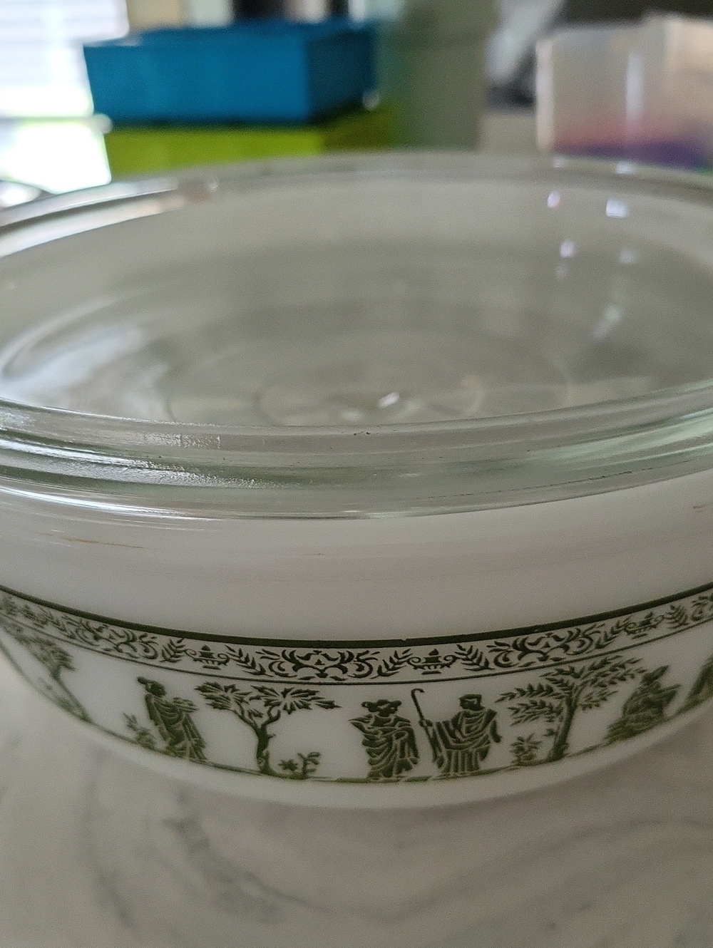 Vintage Glasbake Green Garland HEMLENIC GREEK Covered Casserole Dish 2QT